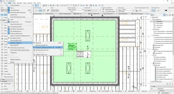 Jak obliczyć powierzchnię użytkową poddasza? Na ekranie widać program do projektowania, gdzie na planie strych oznaczono jako A: 75,4 m².